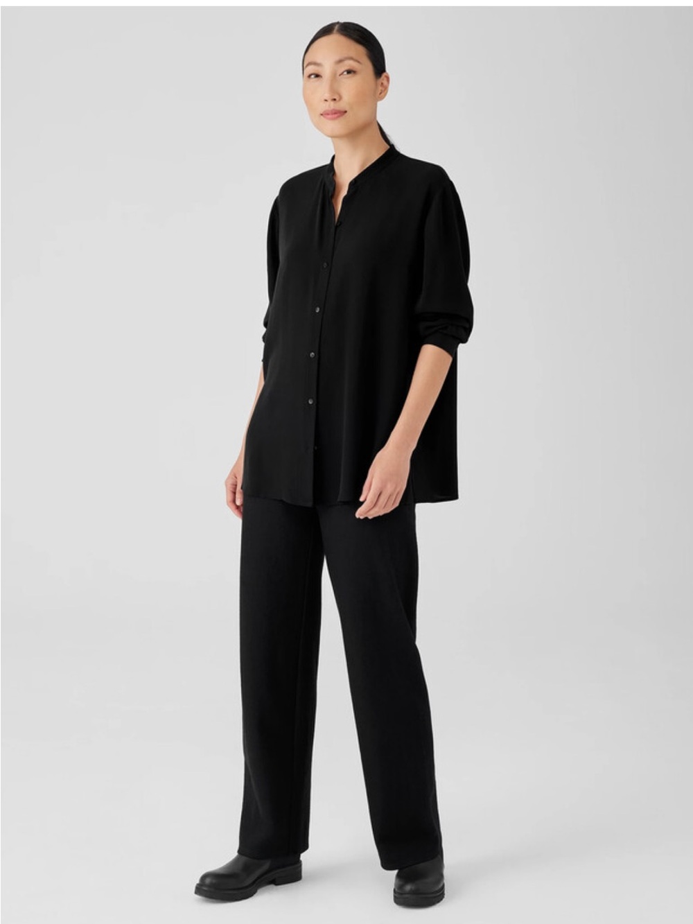NEW Eileen Fisher Silk Georgette Crepe Mandarin Collar Shirt in Black, Size XL